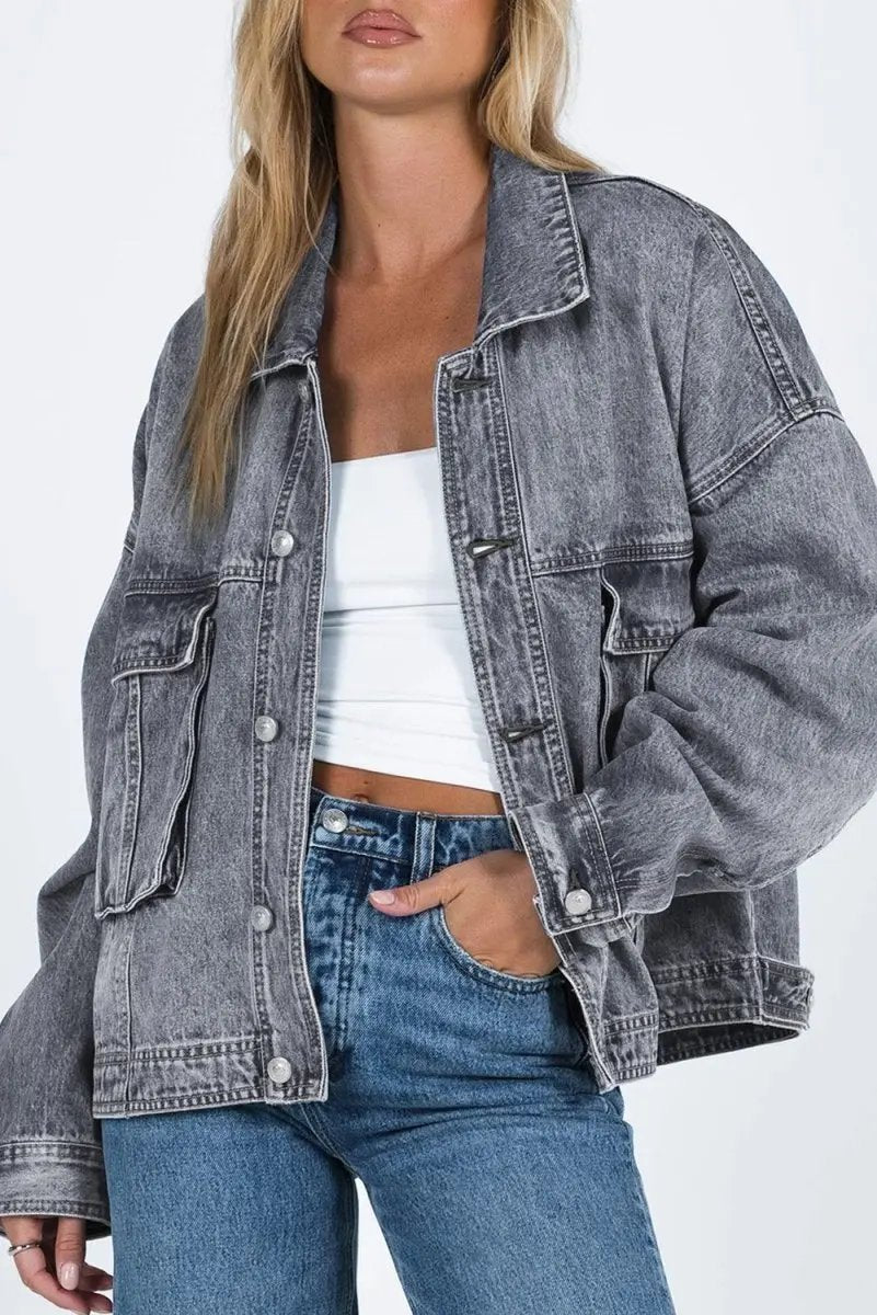 Collared Neck Button Up Denim Jacket for Women Fashion - Love Salve